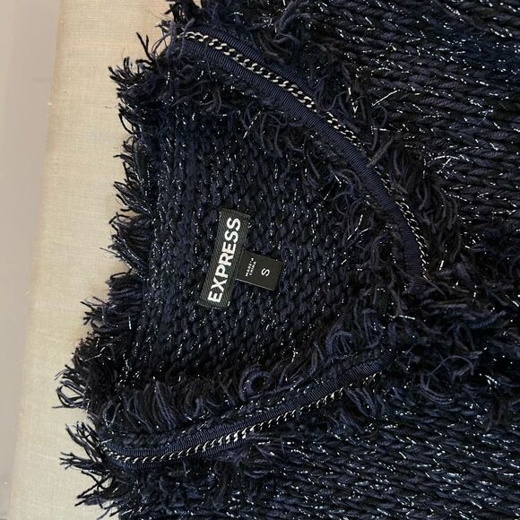 Express Navy Silver Metallic Hints Frayed Knit Long Sleeve Sweater Size Small - Picture 7 of 10